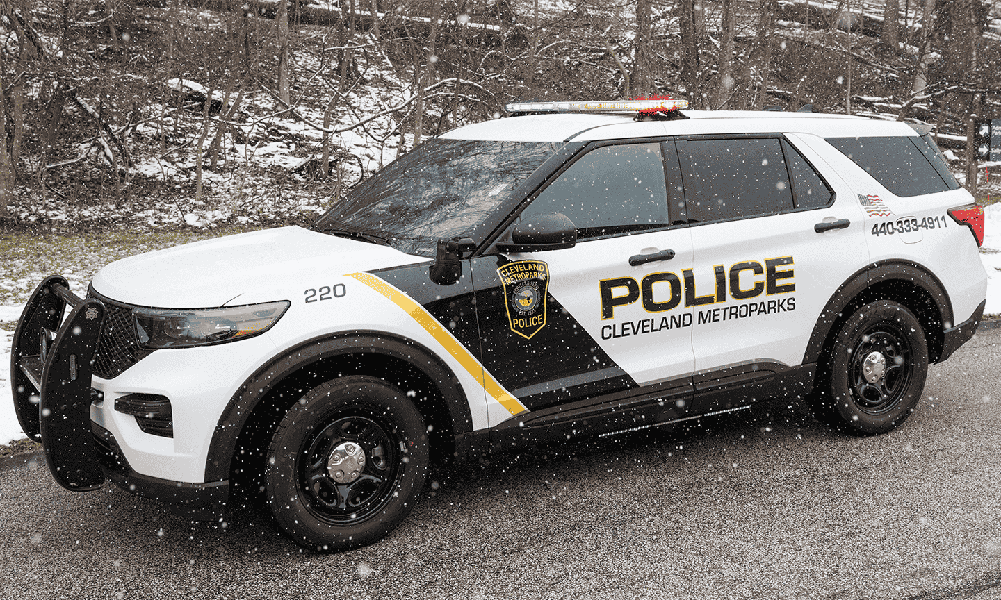 A police car in the snow