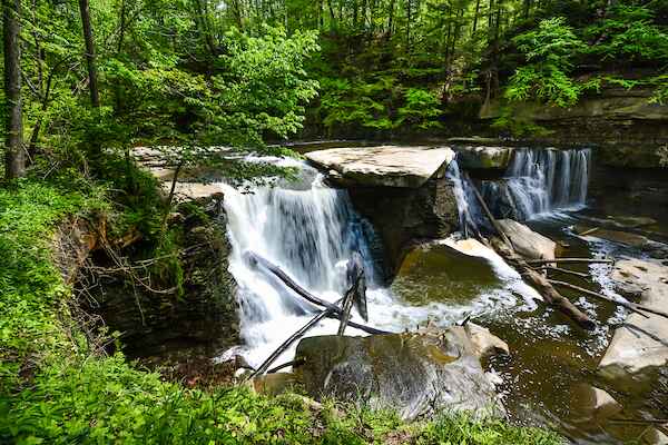 A serene waterfall cascades through a wooded area, surrounded by lush trees and rugged rocks.