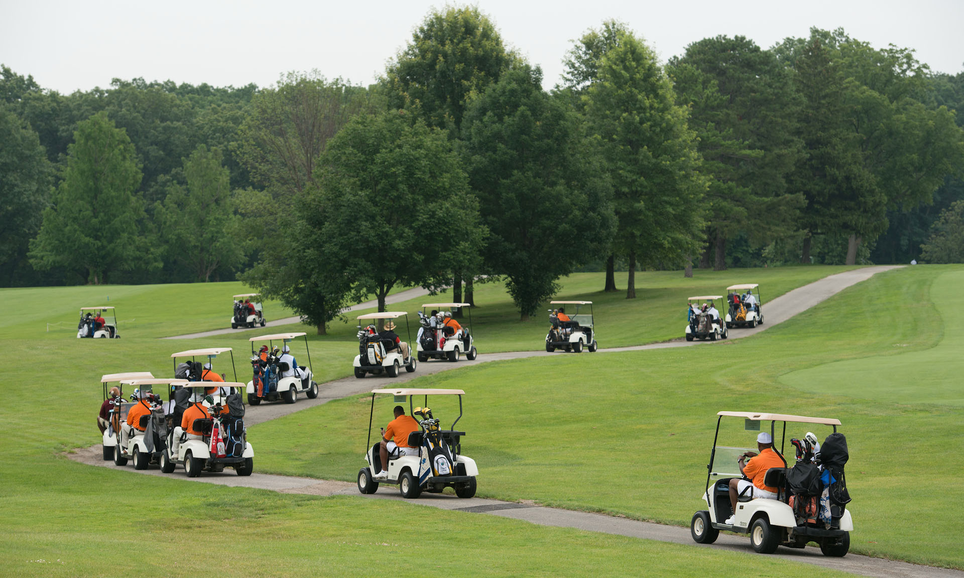 A line of golf carts driving through a golf course