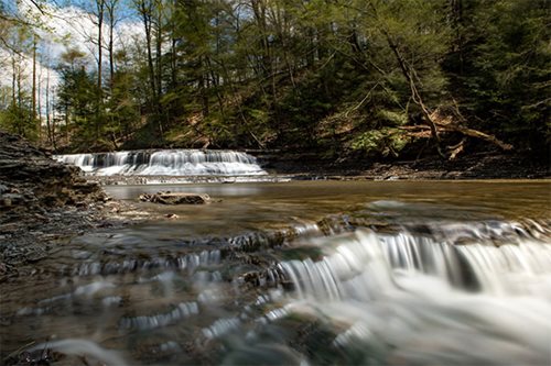 A serene waterfall cascades through a wooded area, surrounded by lush trees and rugged rocks.