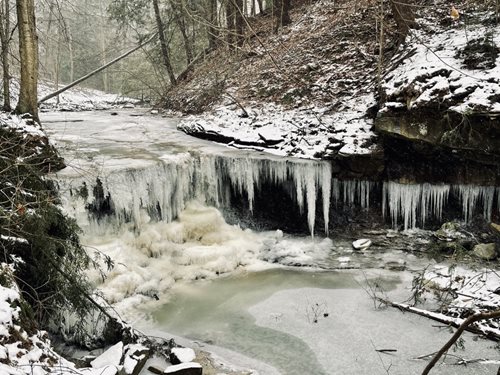 A picturesque frozen waterfall nestled among snow-laden trees in a peaceful woodland landscape.