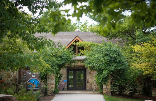 A welcoming zoo entrance enveloped by trees, creating a natural and serene atmosphere for guests.