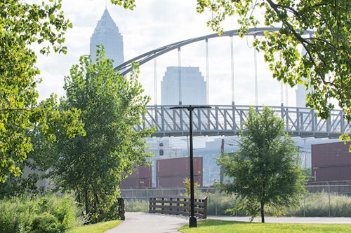 A serene park featuring a bridge, with a vibrant city skyline visible in the background.