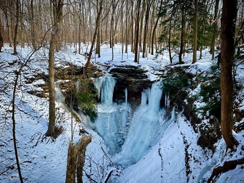 A picturesque waterfall flowing in a tranquil woodland setting, with fresh snow covering the ground and surrounding trees.