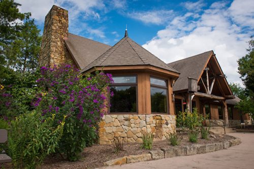 The picturesque lodge at Lake of the Ozarks, nestled among trees, offering a peaceful retreat by the water's edge.