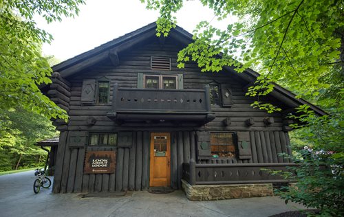 A serene log cabin perched atop a mountain, surrounded by lush greenery and a clear blue sky.