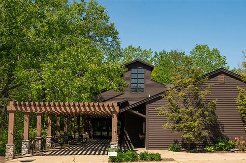 The image depicts a building enveloped by trees, complemented by an elegant pergola for outdoor relaxation.