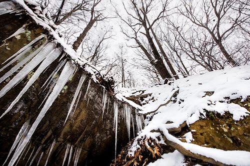 there is a snow covered rock and icicles hanging from it, a picture by Mike Bierek, trending on unsplash, crystal cubism, ice shards, icicles, frozen waterfall