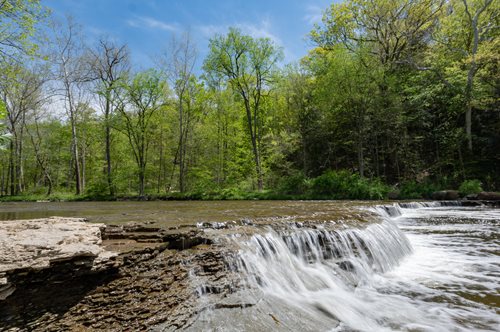 a close up of a waterfall in a wooded area with trees, a tilt shift photo by John Eyre, featured on flickr, regionalism, a river flowing with waterfall, waterfalls and lakes, william penn state forest