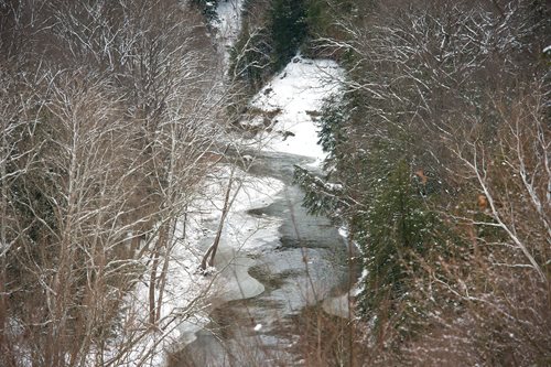 A tranquil river meanders through a snowy forest, with trees adorned in a thick layer of snow.