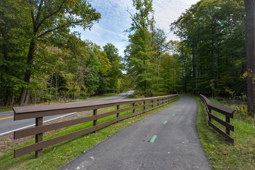 a view of a paved road with a wooden fence and a wooden rail, a digital rendering inspired by George Herbert Baker, featured on shutterstock, regionalism, wide greenways, ligjt trail, corduroy road